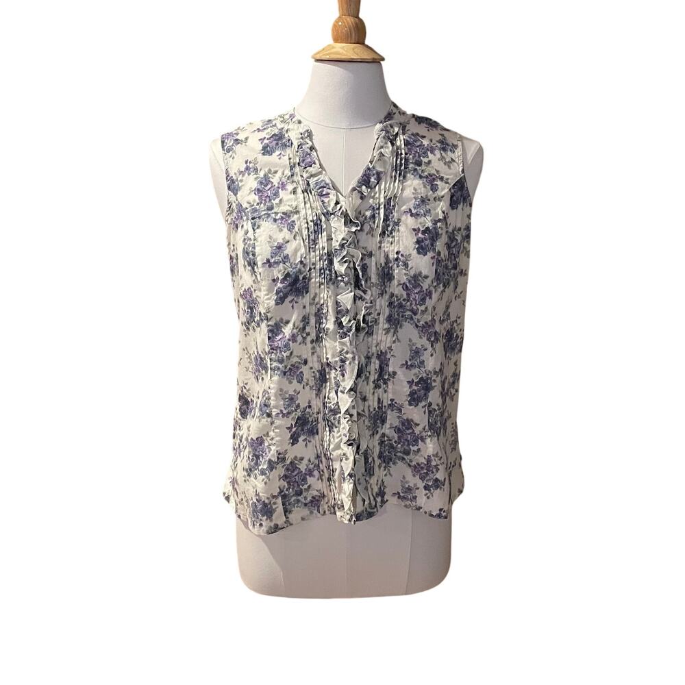 Kim Rogers Sleeveless Button Down Shirt, Floral, Ruffles, Cottagecore, M